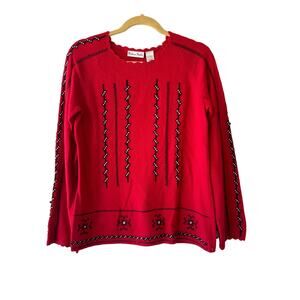 Madison Studio Red and Black Lambswool Cashmere Embroidered Sweater